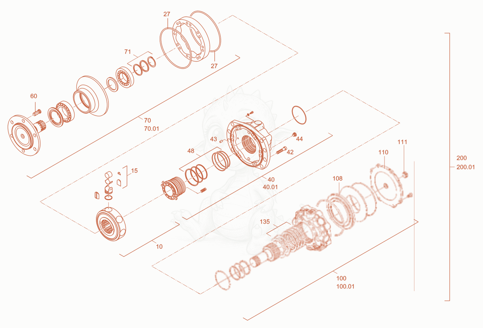 Exploded parts diagram of the gear hub motor - full shaft (tires) of a Wacker Neuson RD40-130CDPF, with numbered balloons