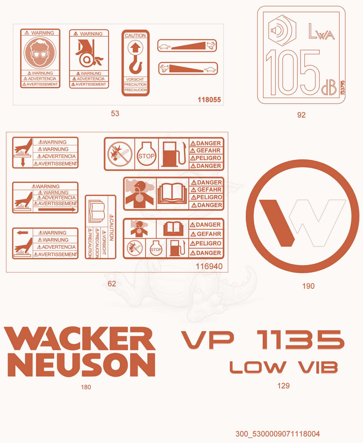 Despiece del Label de una máquina Wacker Neuson VP1135AW, con globos numerados