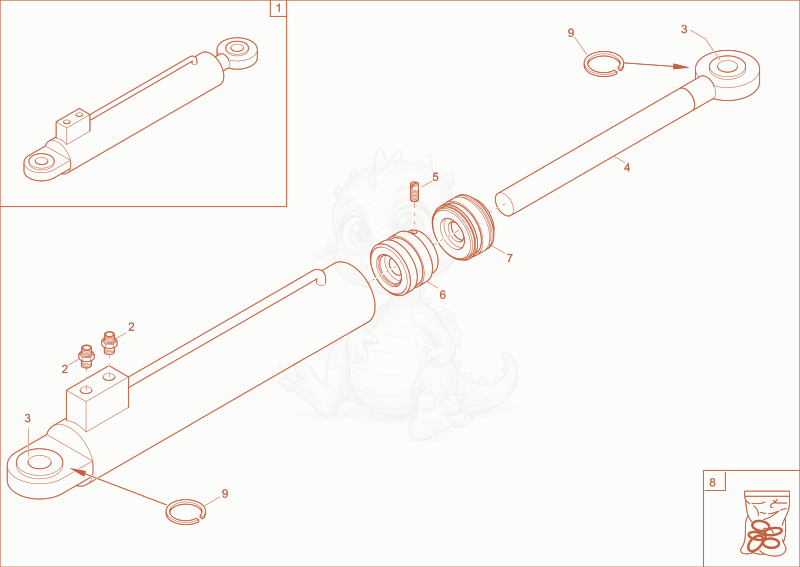 Exploded parts diagram of the steering cylinder of a Wacker Neuson 3501AB, with numbered balloons