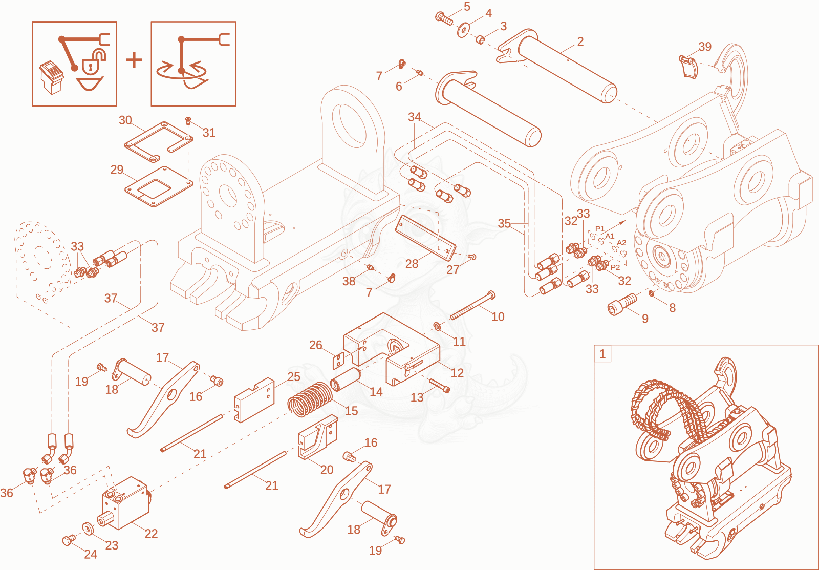 Exploded parts diagram of the Easy Lock Powertlit load hook (Option) of a Wacker Neuson EW100, with numbered balloons