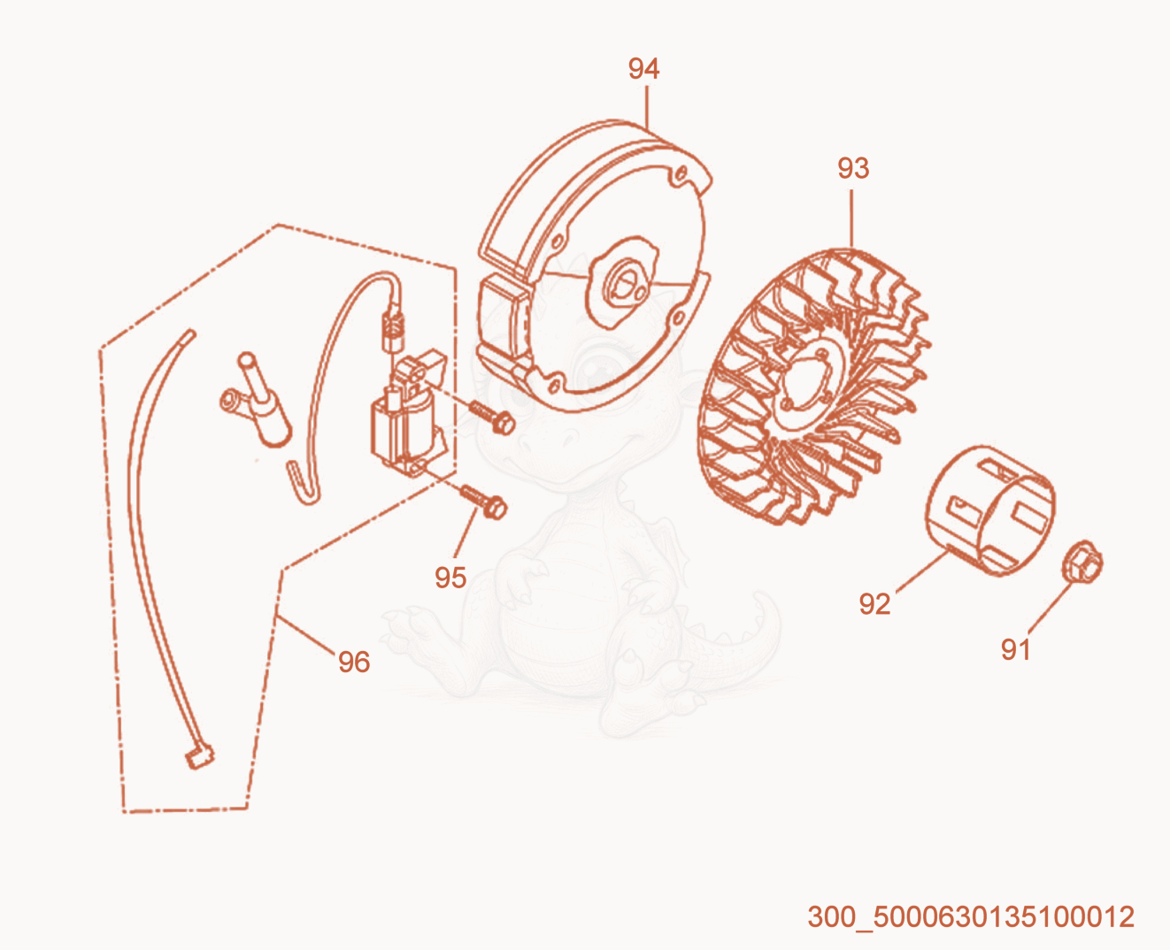 Exploded parts diagram of the Flywheel/Ignition Coil of a Wacker Neuson ML240, with numbered balloons