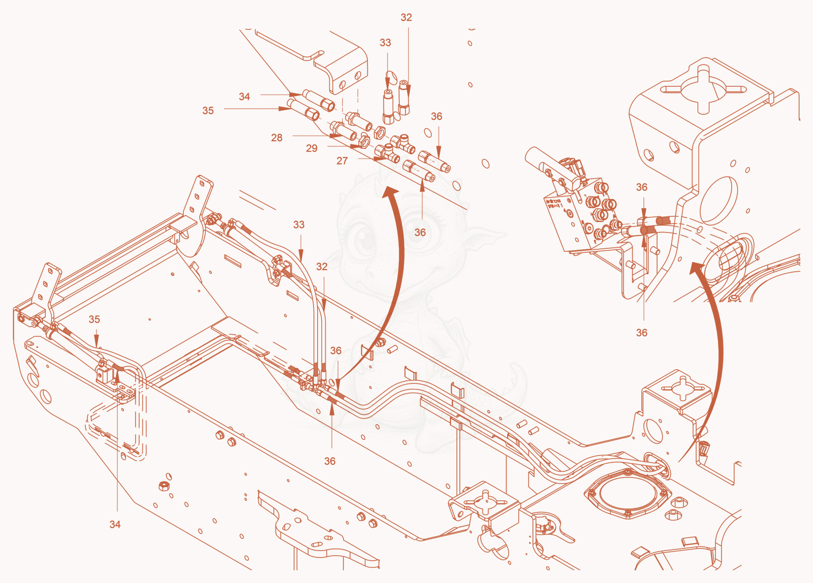 Exploded parts diagram of the tilting hydraulic of a Wacker Neuson RC110P, with numbered balloons