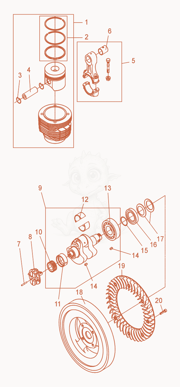 Exploded parts diagram of the Cylinder with Piston of a Wacker Neuson DPS2050, with numbered balloons