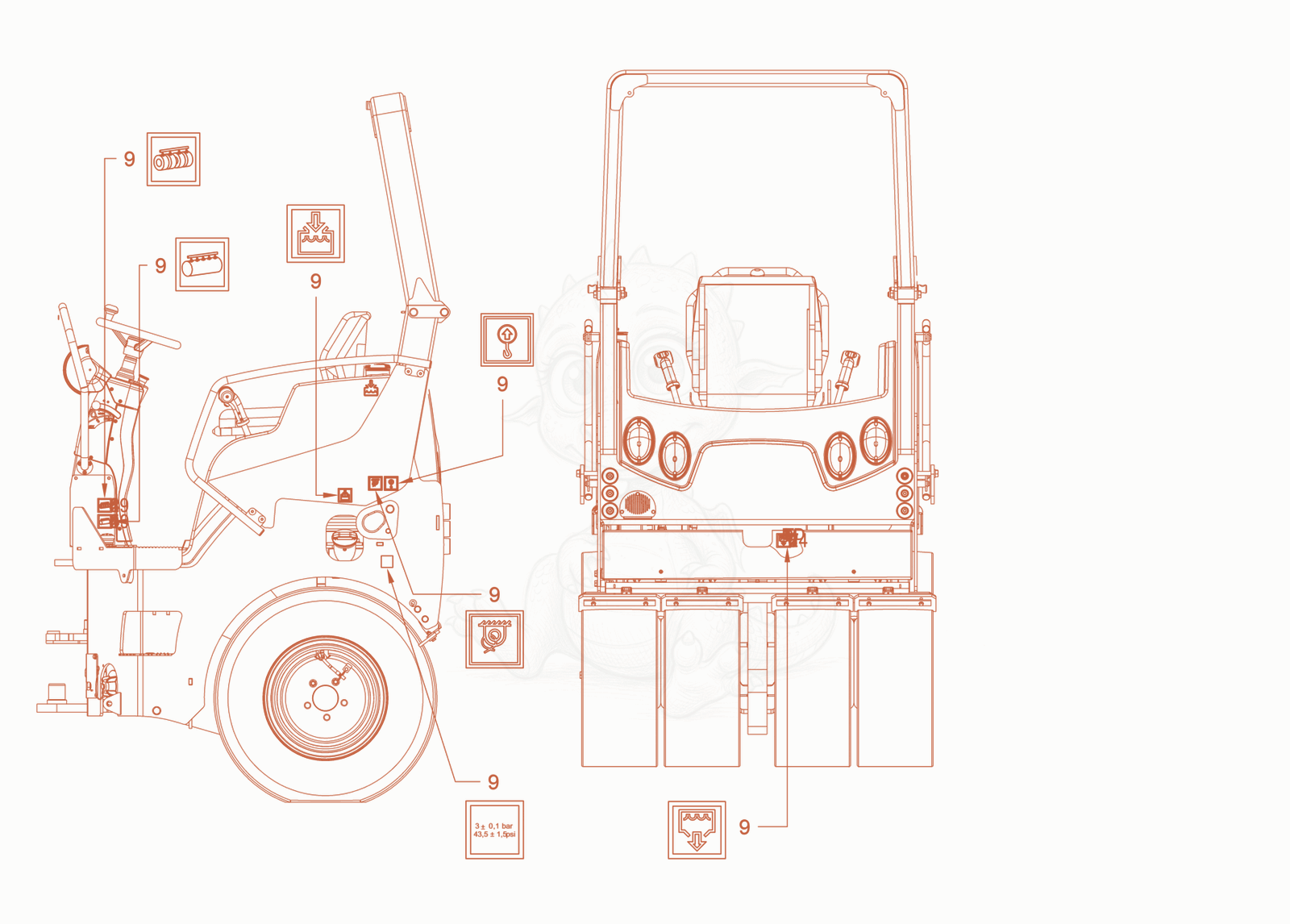 Exploded parts diagram of the sticker arrangement of a Wacker Neuson RD40-130OUS, with numbered balloons