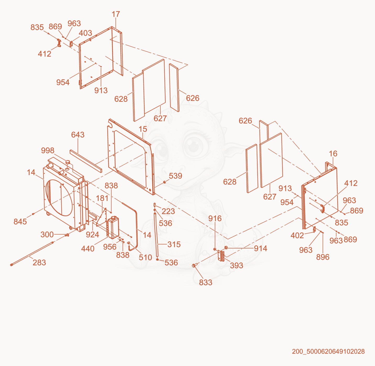 Exploded parts diagram of the Front Enclosure/Radiator of a Wacker Neuson G100, with numbered balloons