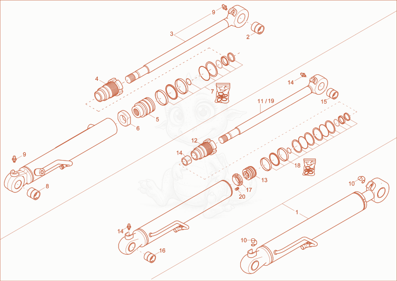 Exploded parts diagram of the bucket cylinder of a Wacker Neuson ET18, with numbered balloons