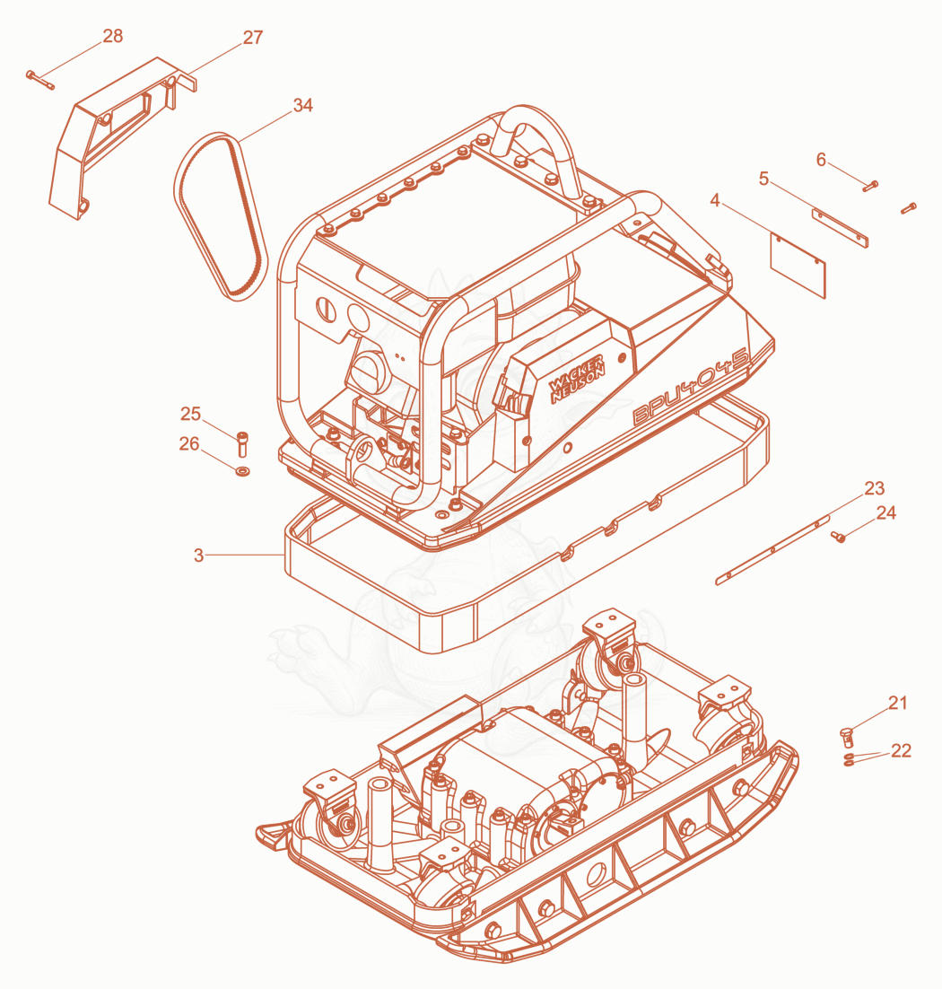Exploded parts diagram of the Vibration Plate of a Wacker Neuson BPU4045A, with numbered balloons