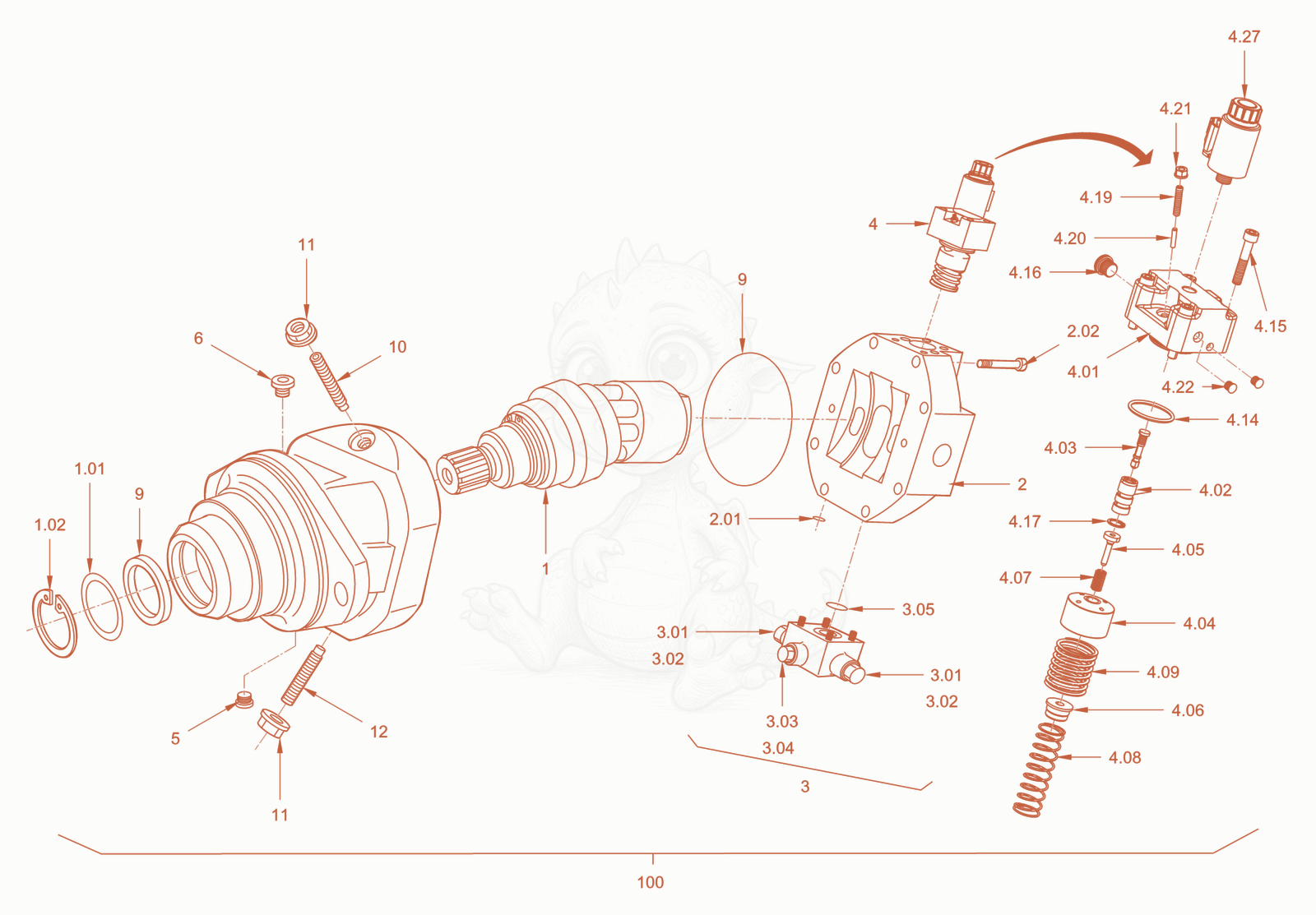 Exploded parts diagram of the variable displacement motor of a Wacker Neuson RC110PCAB, with numbered balloons