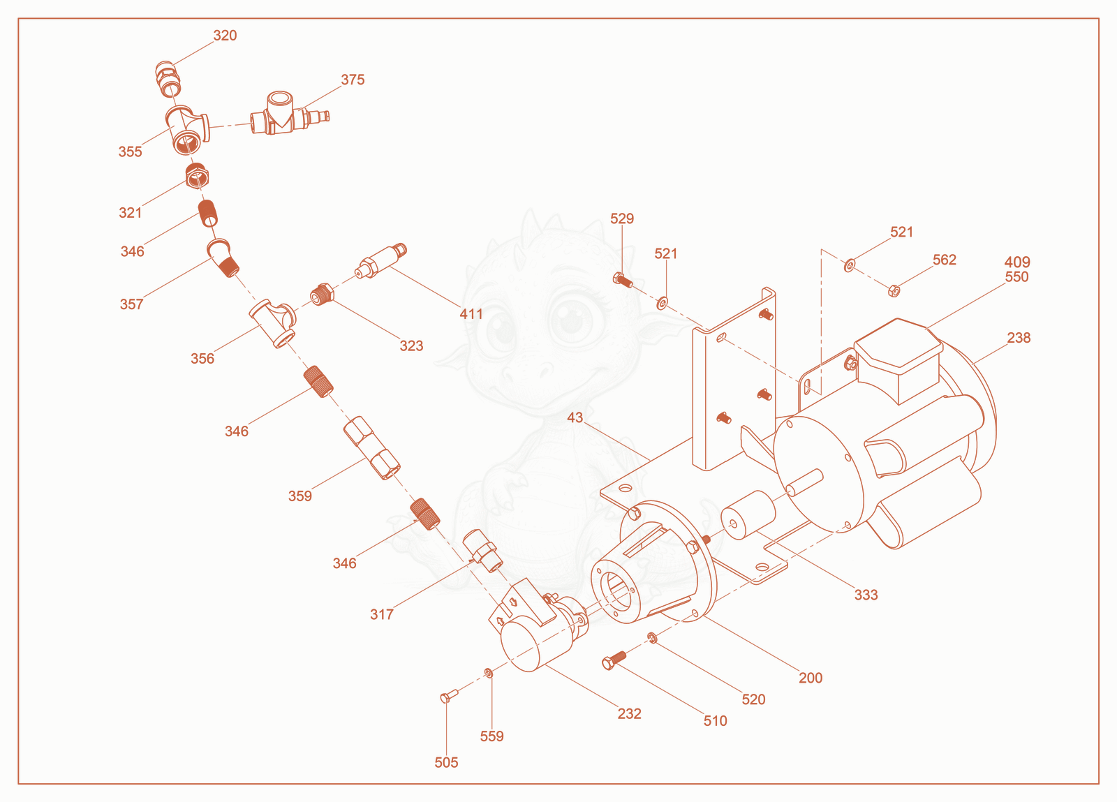 Exploded parts diagram of the Motor/Pump cpl. of a Wacker Neuson E1250P, with numbered balloons