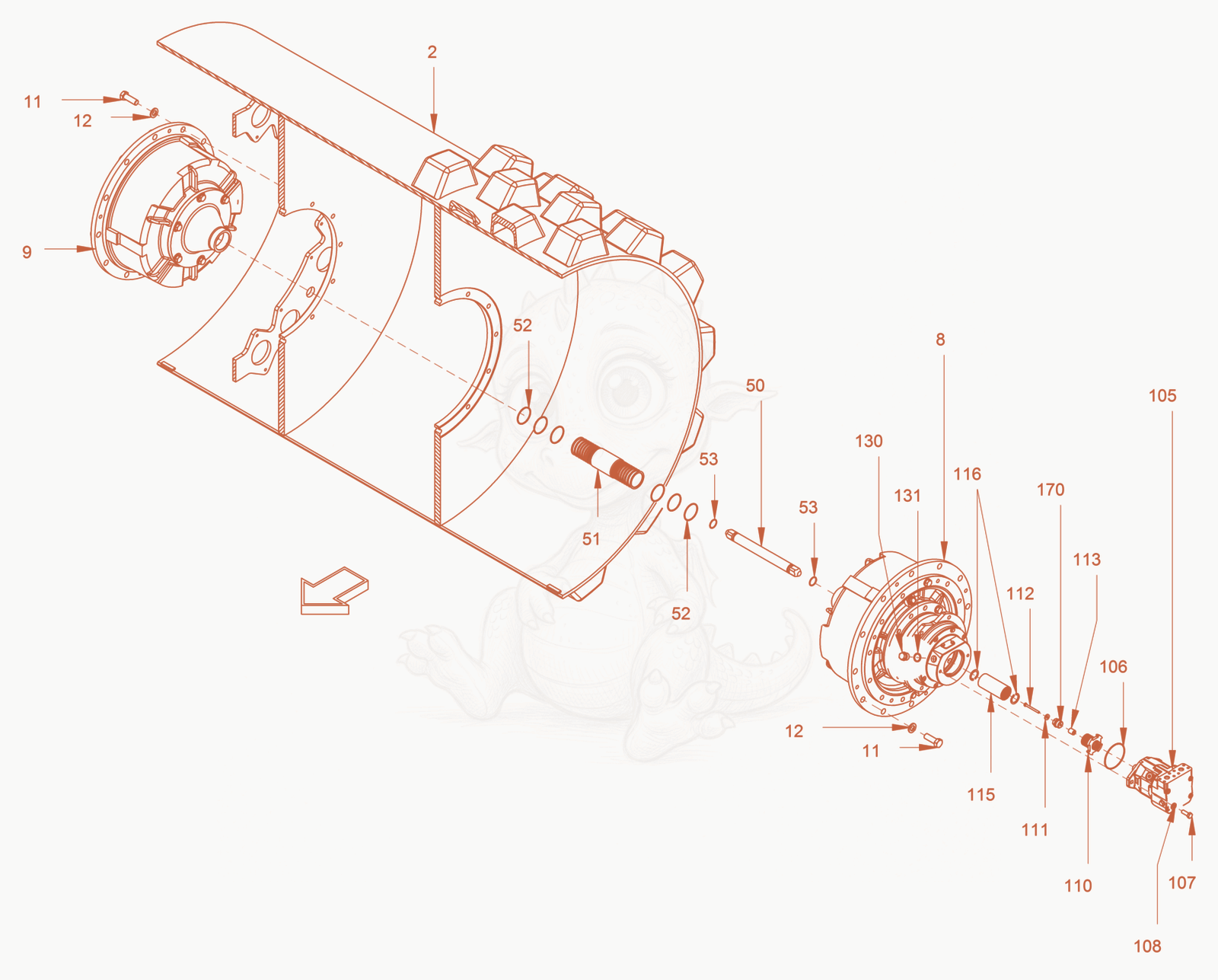 Exploded parts diagram of the roller drum of a Wacker Neuson RC110, with numbered balloons