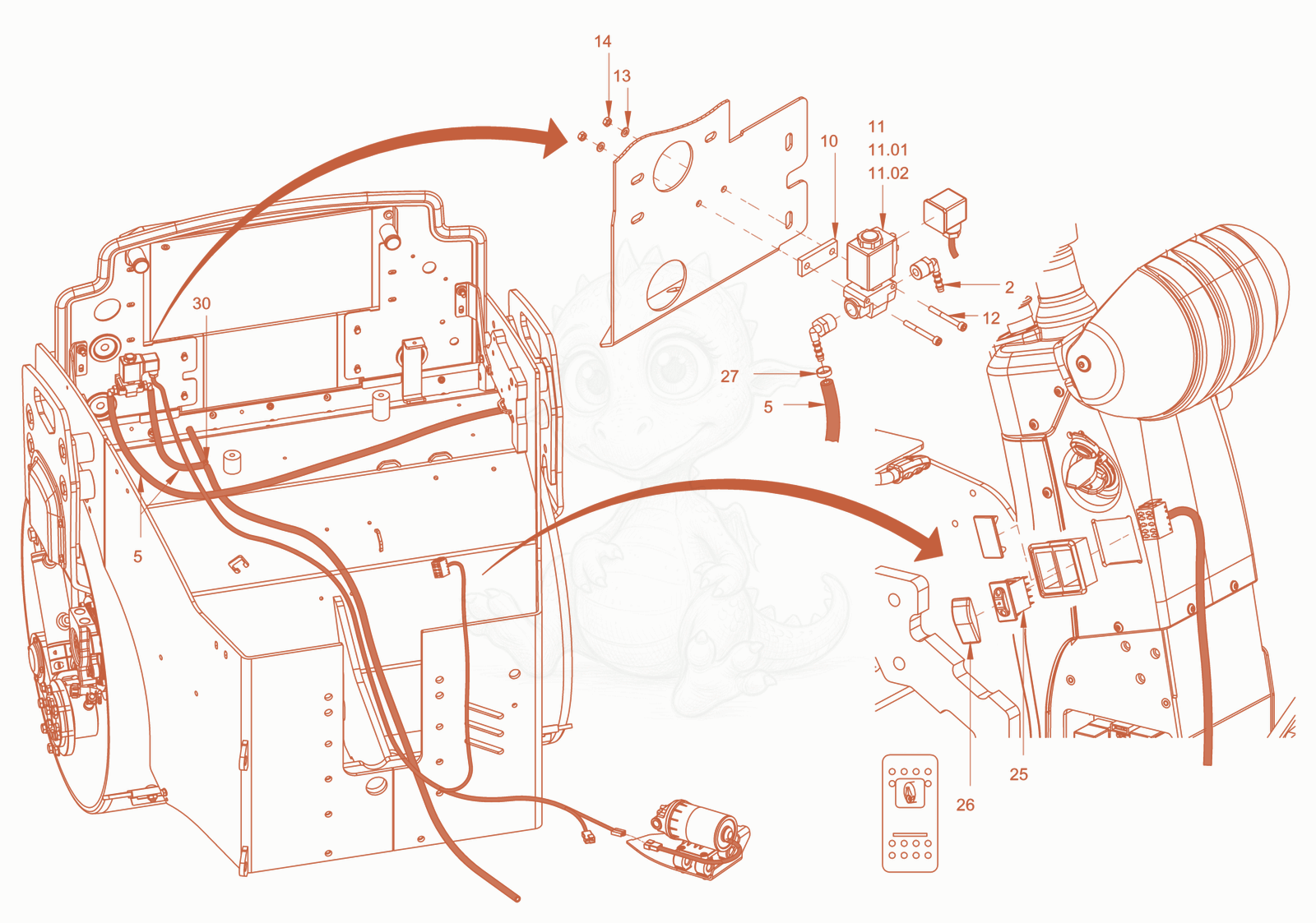 Exploded parts diagram of the edge pressing and cutting device of a Wacker Neuson RD45-140, with numbered balloons