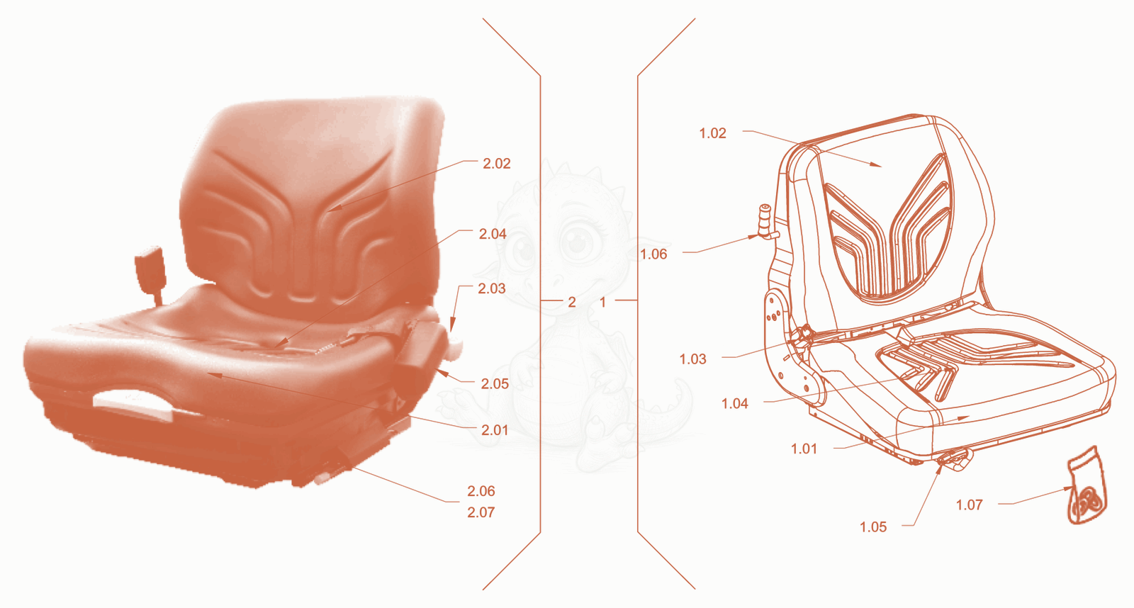 Exploded parts diagram of the operator's seat withadjustment of a Wacker Neuson RD24-100C, with numbered balloons