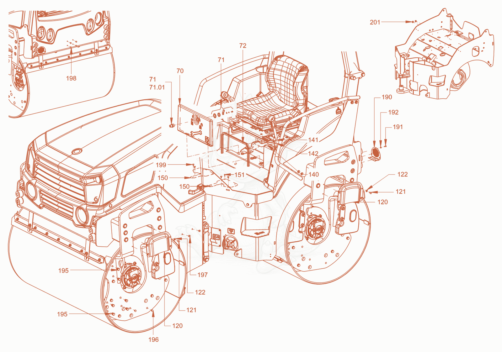Exploded parts diagram of the canopies and covers of a Wacker Neuson RD45-140C, with numbered balloons