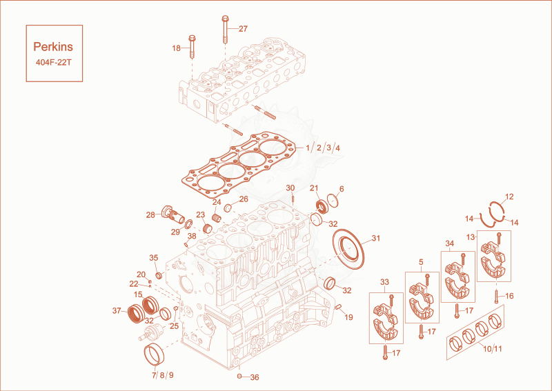 Despiece del cylinder block de una máquina Wacker Neuson EZ53, con globos numerados