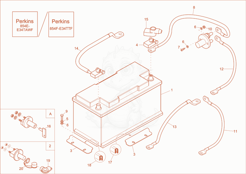 Exploded parts diagram of the battery of a Wacker Neuson DW90, with numbered balloons
