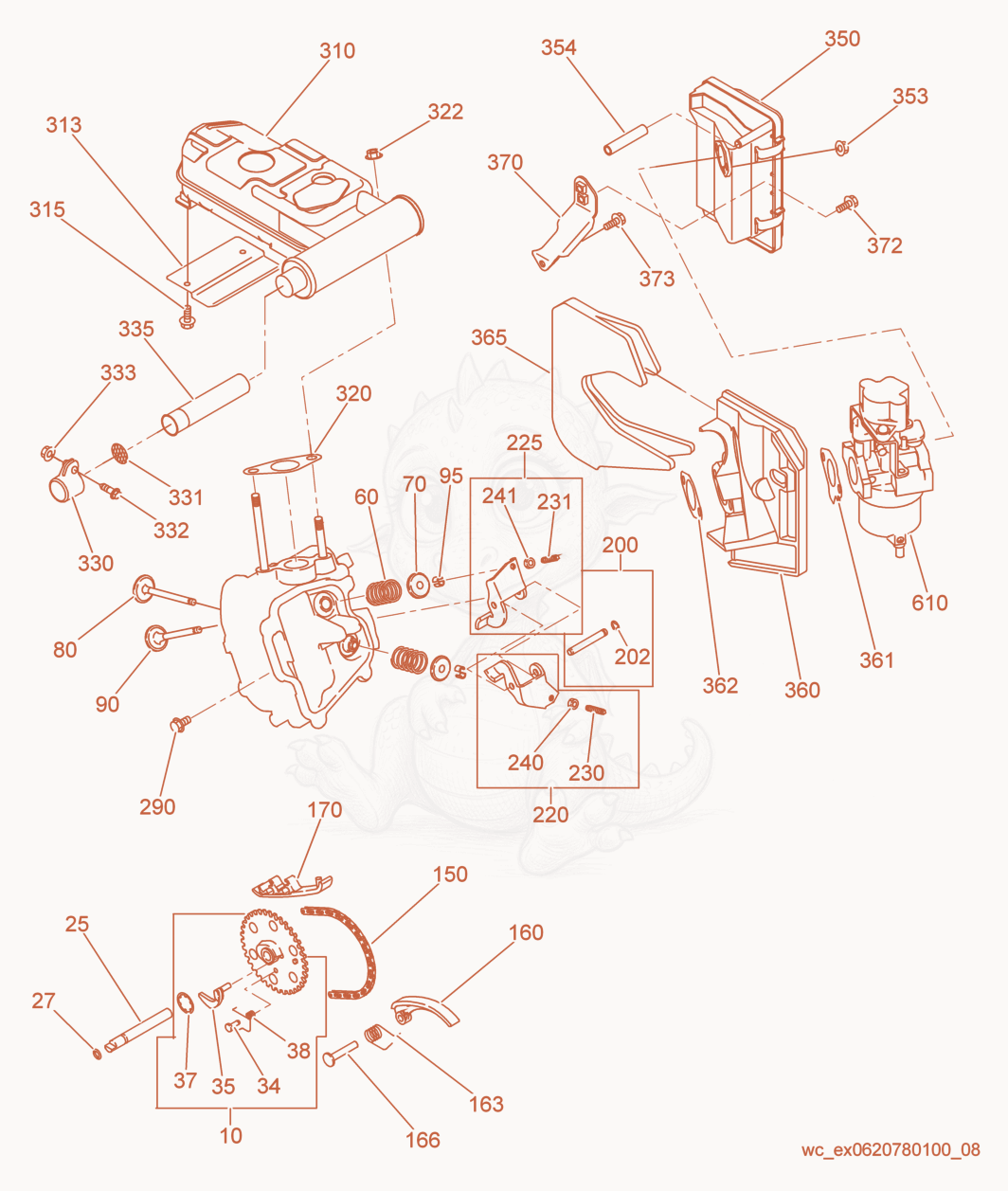 Exploded parts diagram of the Muffler/Intake/Exhaust Valves/Camshaft of a Wacker Neuson GPSI3200, with numbered balloons