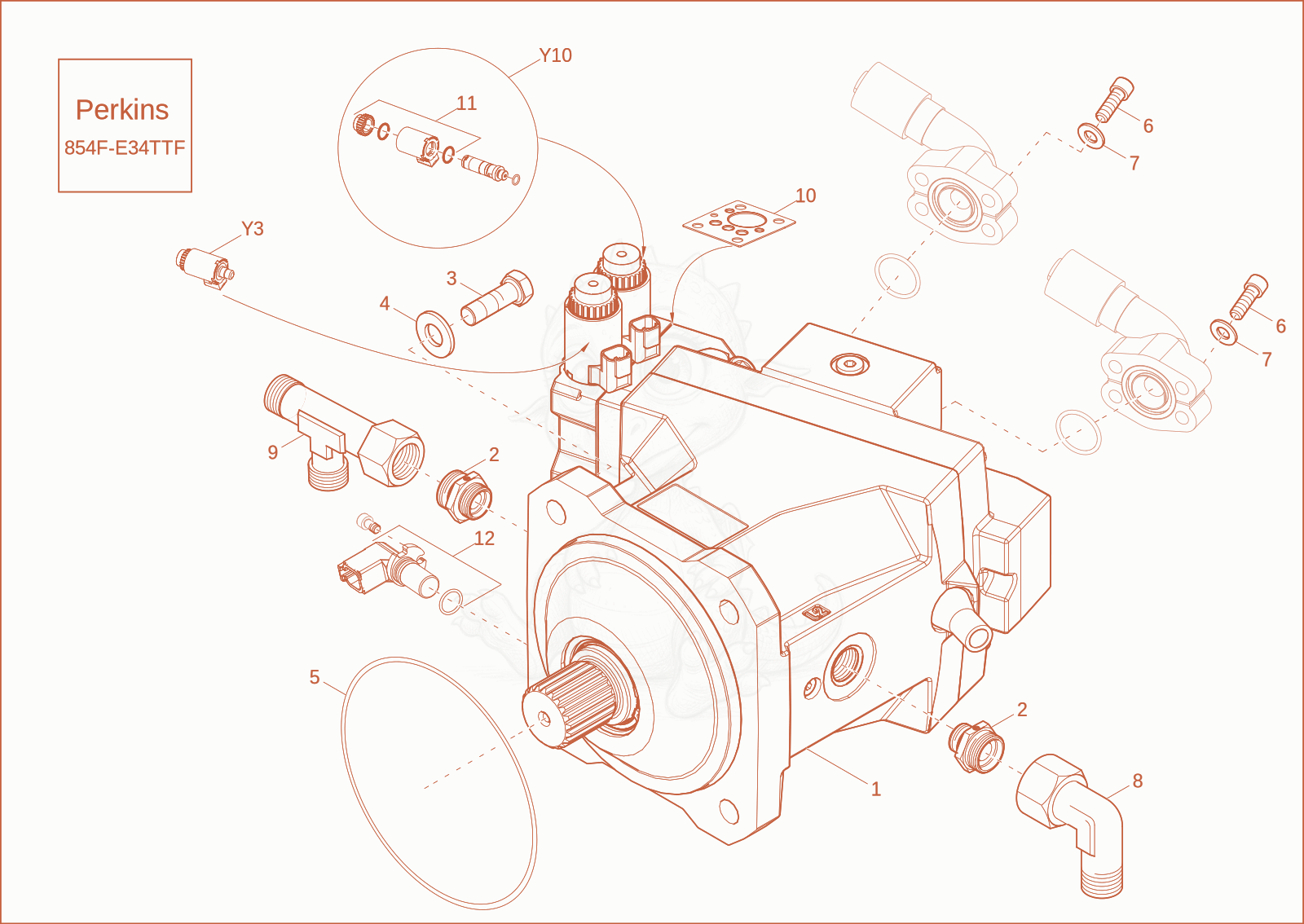 Despiece del displacement motor de una máquina Wacker Neuson DW90, con globos numerados