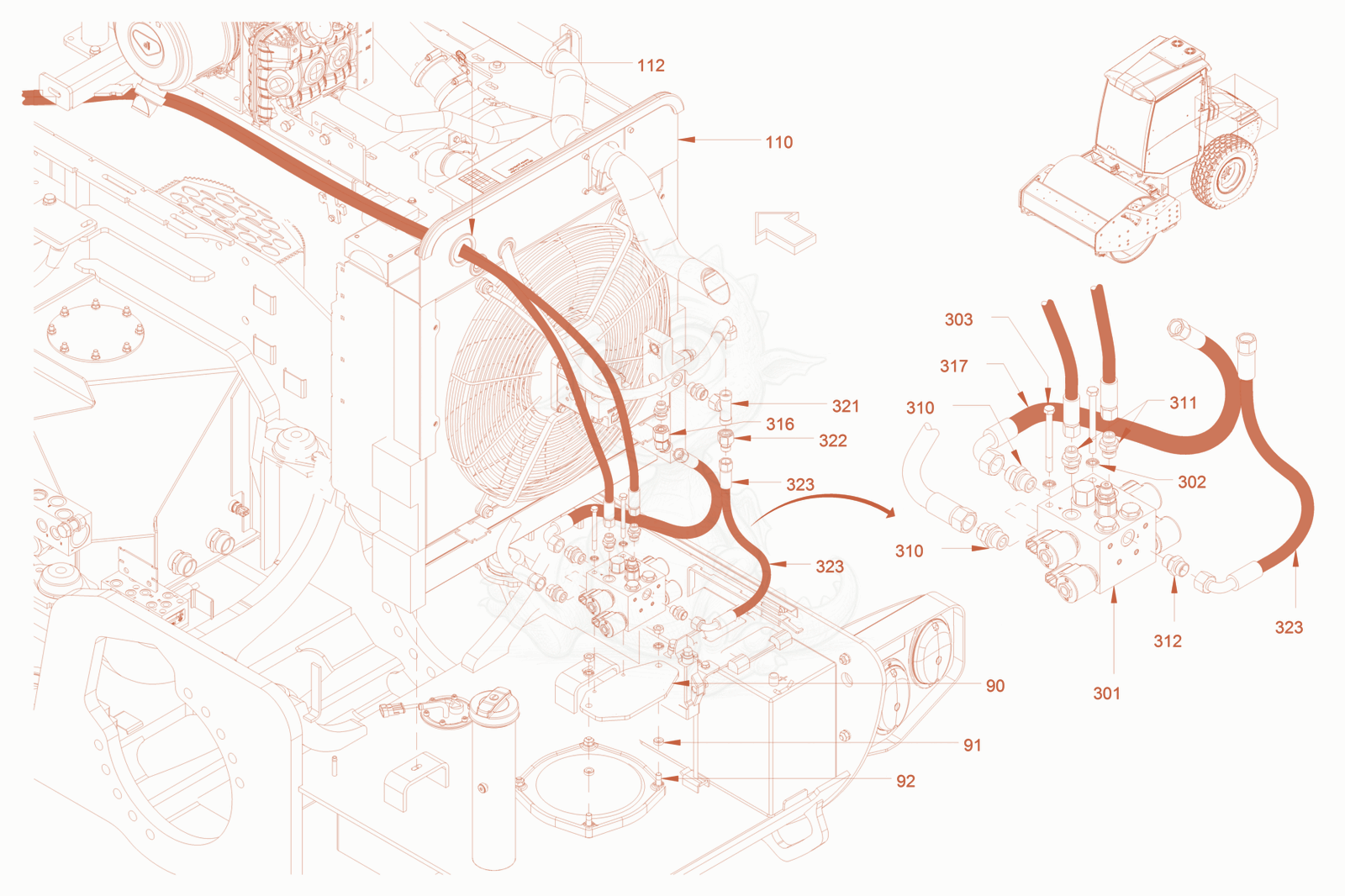Exploded parts diagram of the blade hydraulics of a Wacker Neuson RC70PUS, with numbered balloons