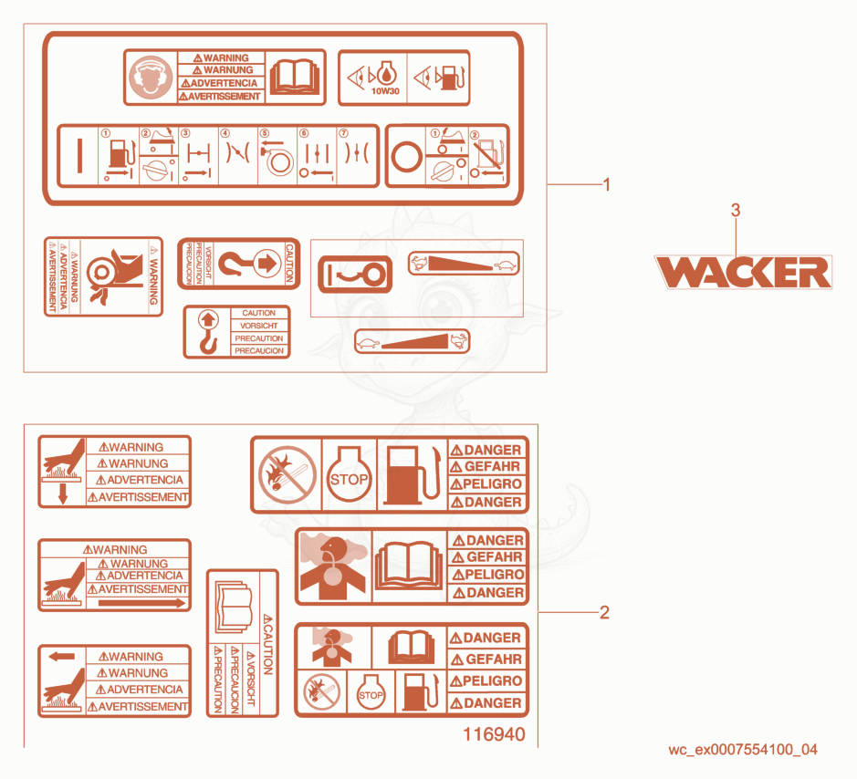 Exploded parts diagram of the Labels of a Wacker Neuson VPG165V, with numbered balloons
