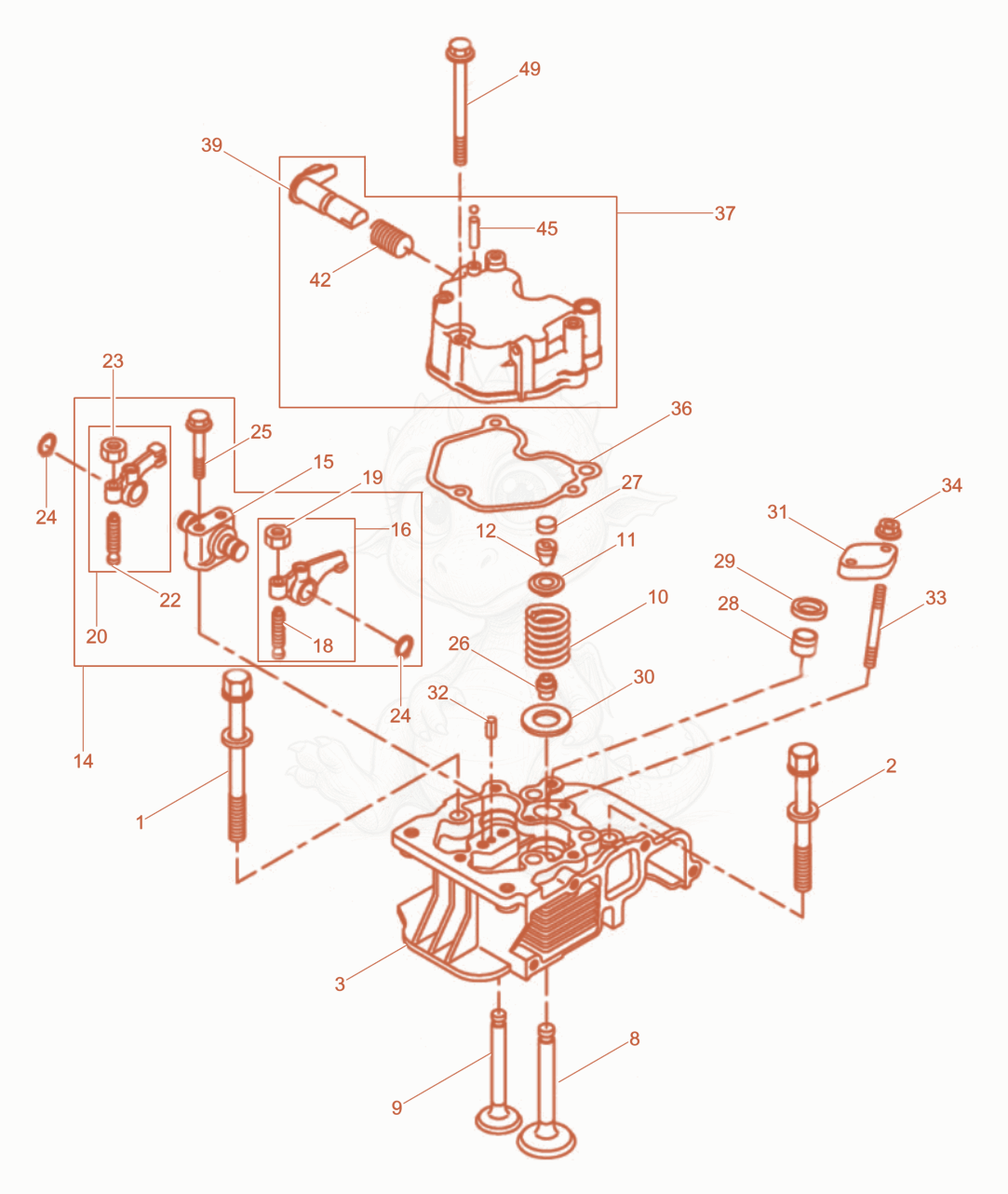 Exploded parts diagram of the Cylinder head of a Wacker Neuson RD10YEHFLRC, with numbered balloons