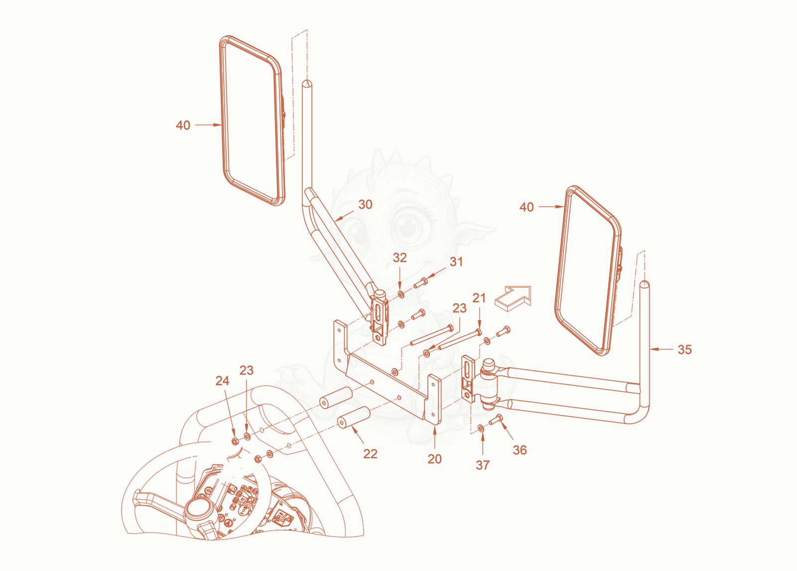 Exploded parts diagram of the additional mirror of a Wacker Neuson RD18-100C.3, with numbered balloons