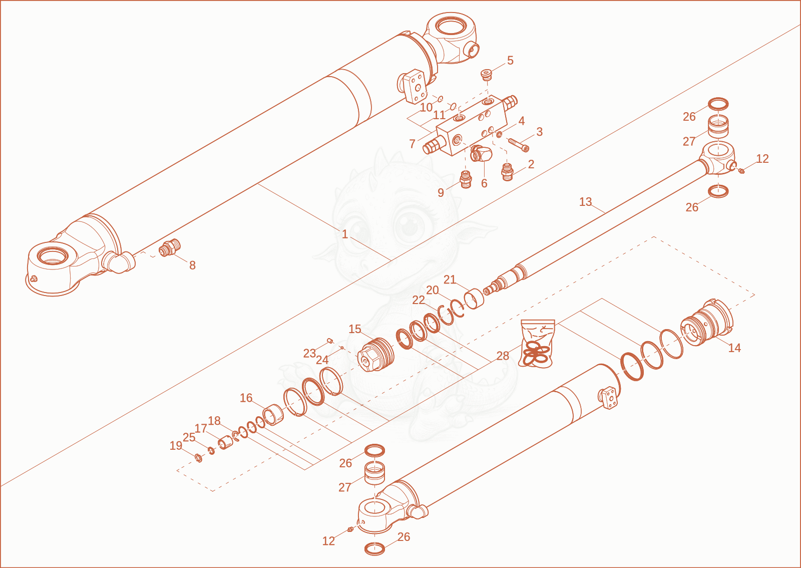 Despiece del BOOM OFFSET CYLINDER de una máquina Wacker Neuson EW65, con globos numerados