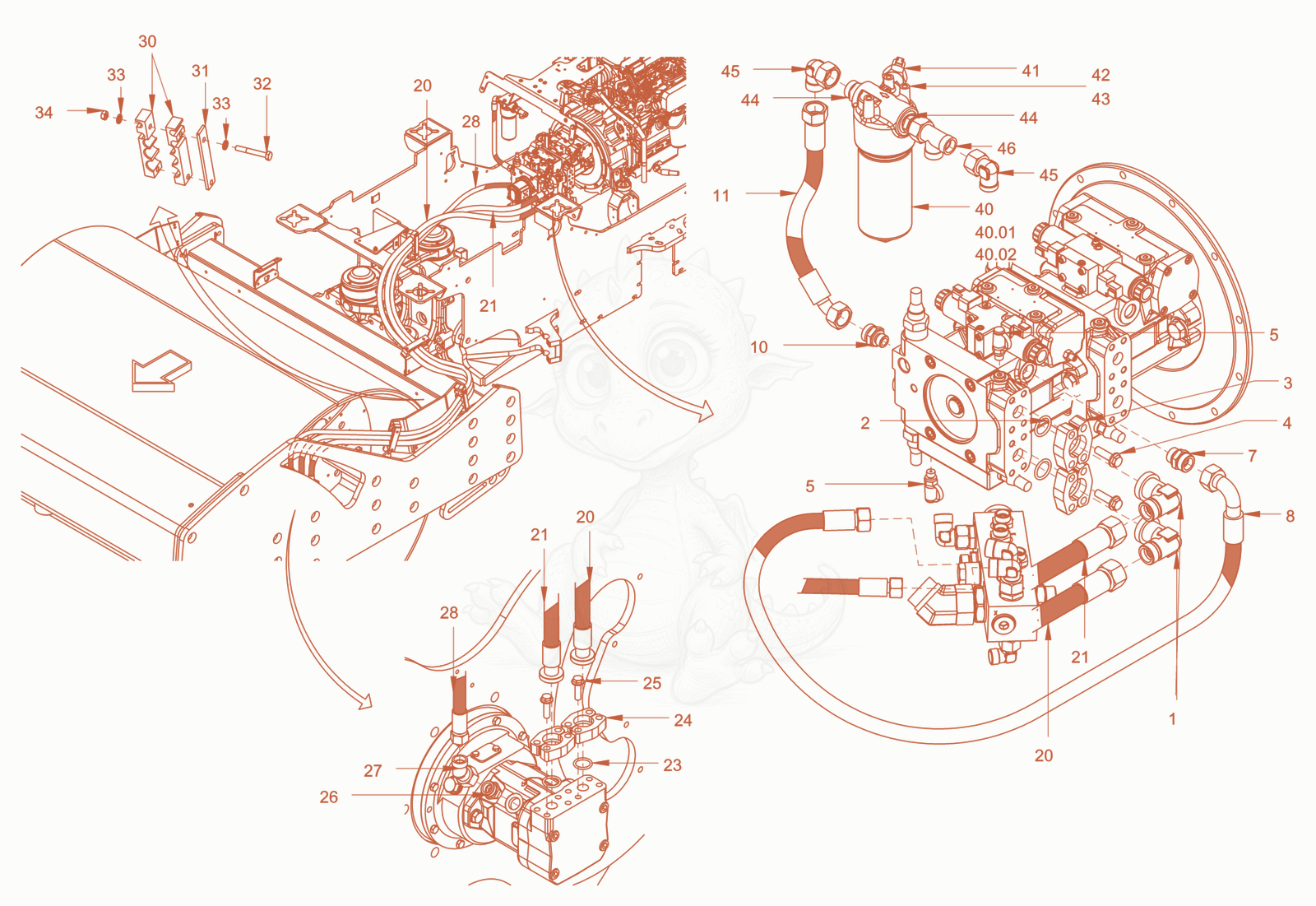 Exploded parts diagram of the vibration drive of a Wacker Neuson RC110USROPS, with numbered balloons