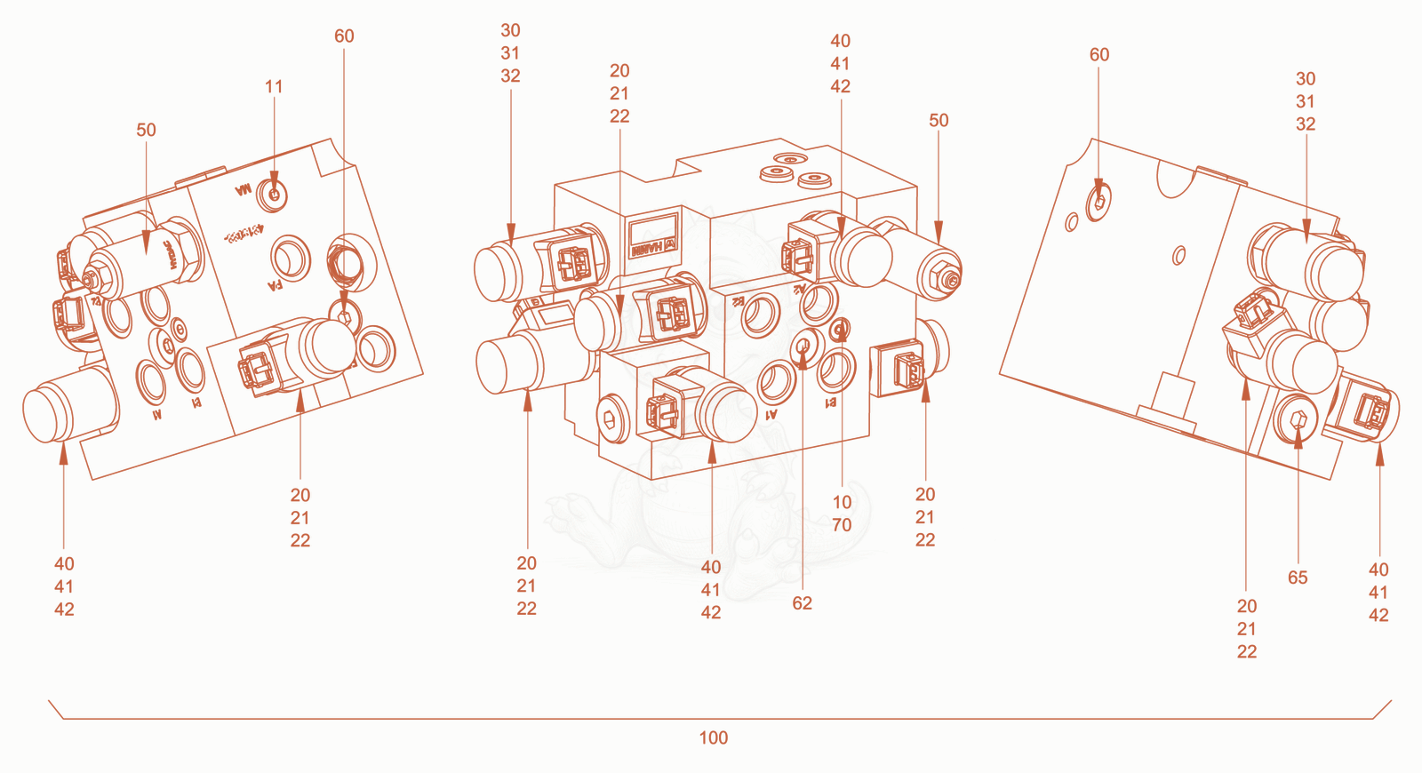 Exploded parts diagram of the valve block of a Wacker Neuson RD45-140, with numbered balloons