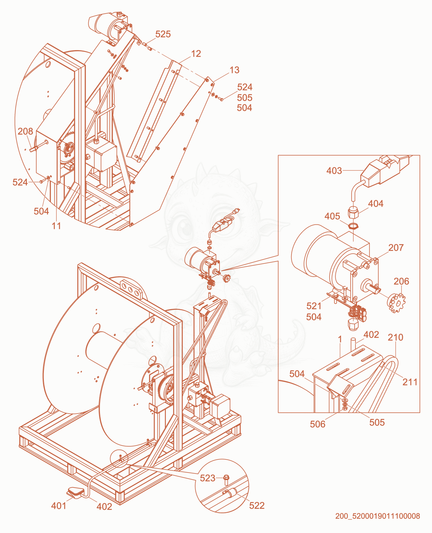 Exploded parts diagram of the Hose Handling System of a Wacker Neuson HHS2202, with numbered balloons