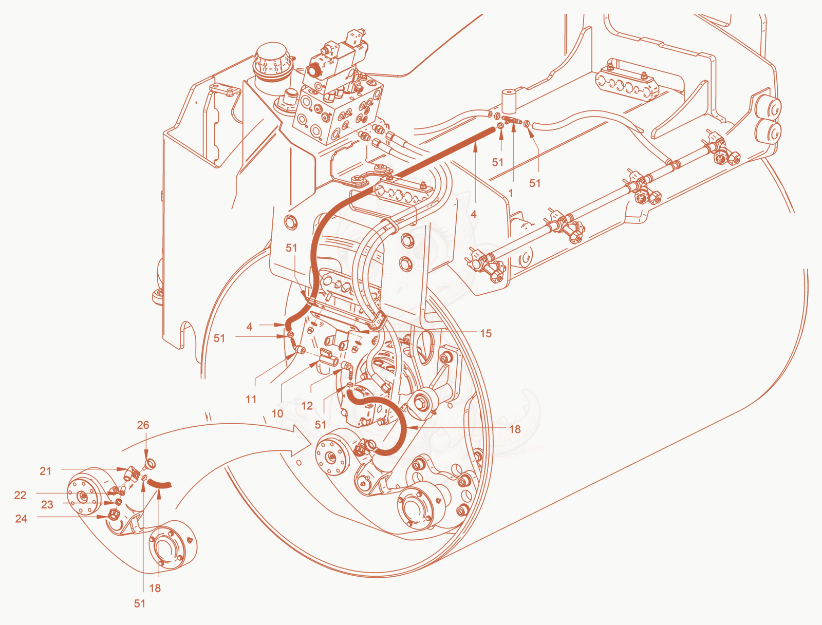 Exploded parts diagram of the sprinkling (edge pressing and cutting device) of a Wacker Neuson RD45-140, with numbered balloons