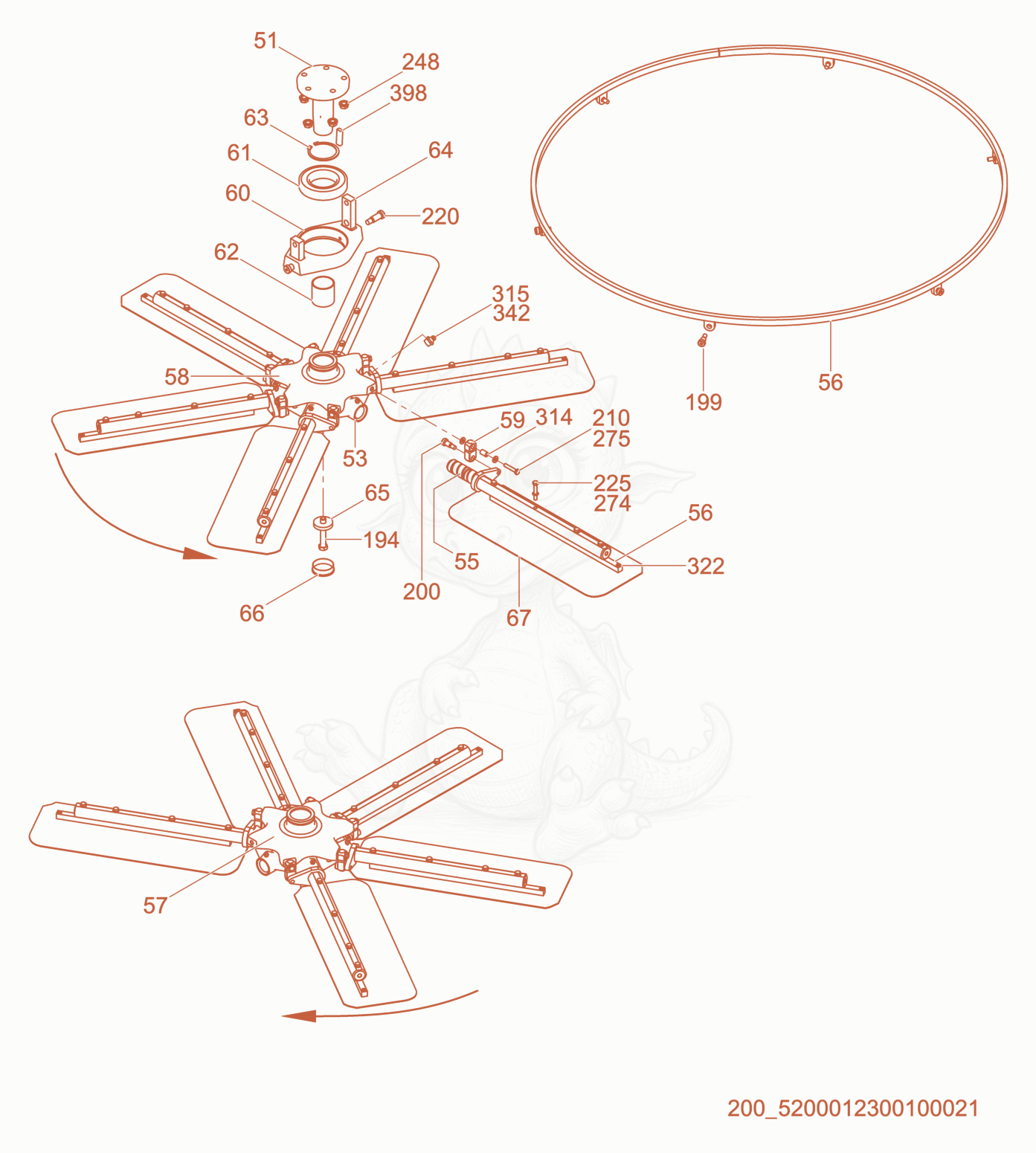 Exploded parts diagram of the Blade Mechanism-Right & Left of a Wacker Neuson CRT60-74LX, with numbered balloons