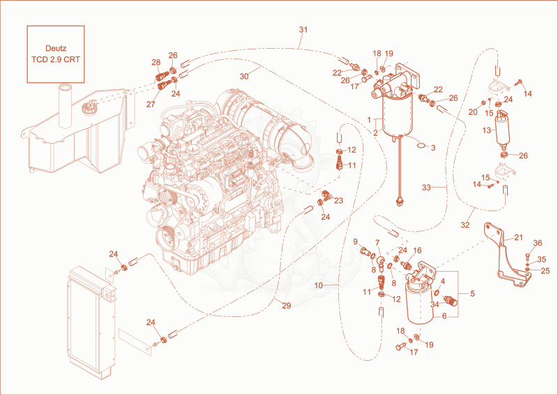 Exploded parts diagram of the fuel system of a Wacker Neuson DW50, with numbered balloons