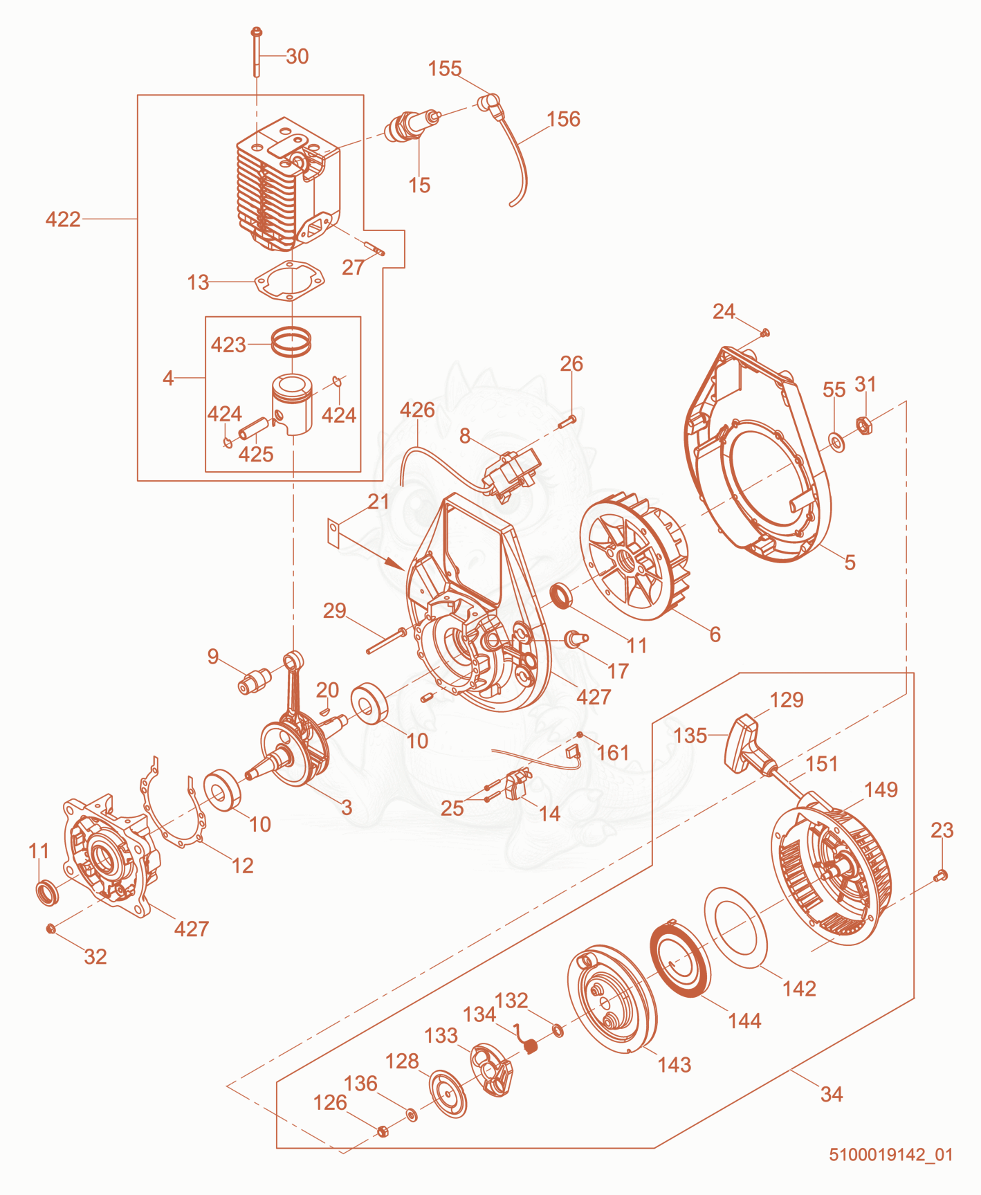 Exploded parts diagram of the Engine-WM 80-oi of a Wacker Neuson BS60-2I, with numbered balloons