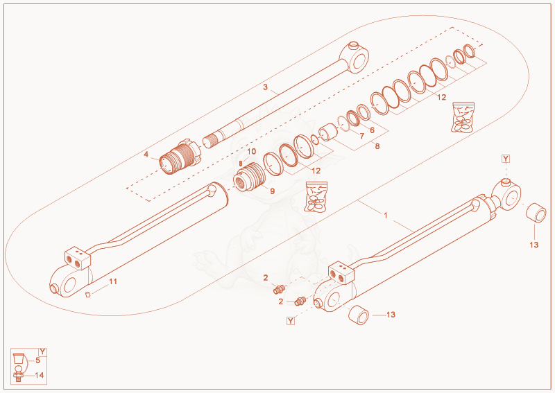 Exploded parts diagram of the dipper arm cylinder of a Wacker Neuson 2003, with numbered balloons