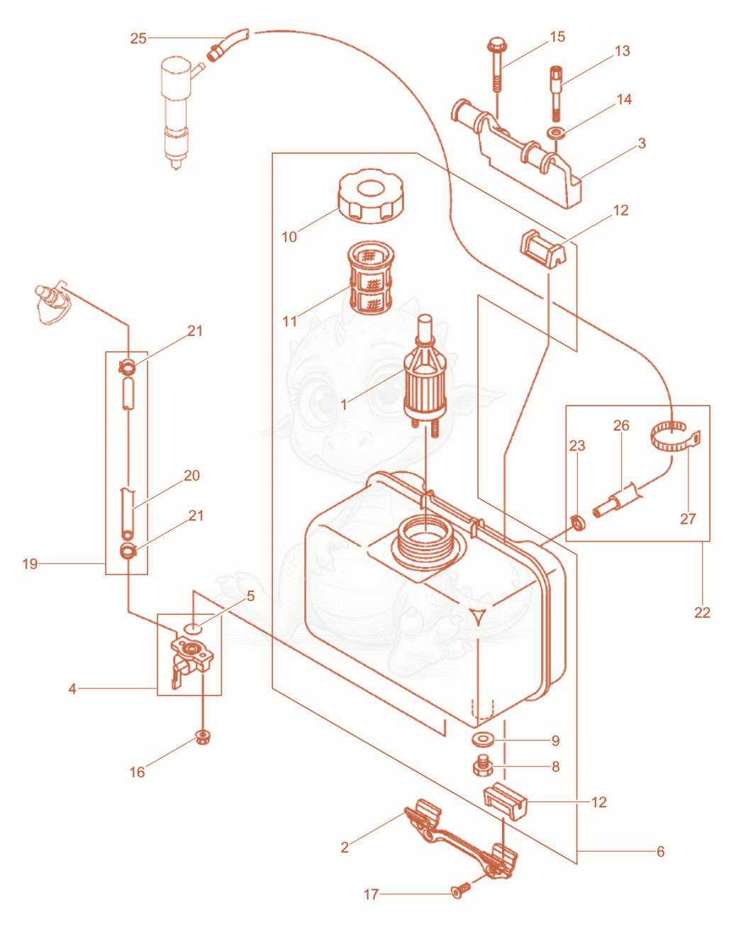 Exploded parts diagram of the Fuel Tank, Fuel Pipes of a Wacker Neuson DPU45YEHUS, with numbered balloons