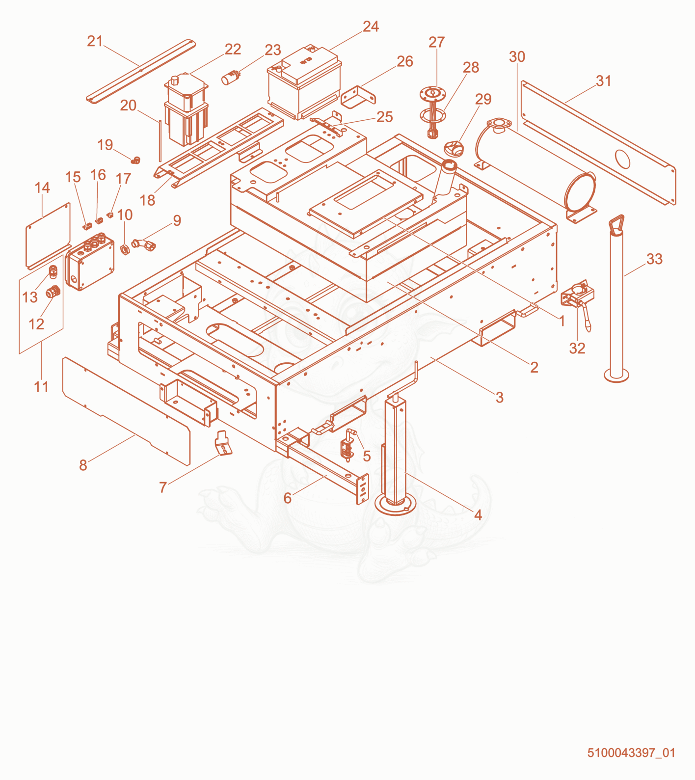 Exploded parts diagram of the Skid Assembly/Ballast of a Wacker Neuson LTS8L, with numbered balloons