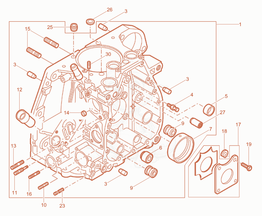 Exploded parts diagram of the Crankcase of a Wacker Neuson RD7HEHF, with numbered balloons