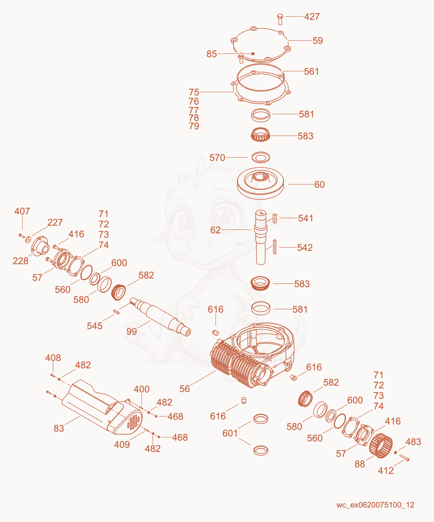 Exploded parts diagram of the Gearbox/Left of a Wacker Neuson CRT48-33K, with numbered balloons