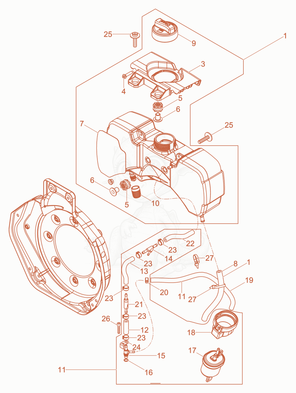 Despiece del Fuel System de una máquina Wacker Neuson XPSKMAT, con globos numerados