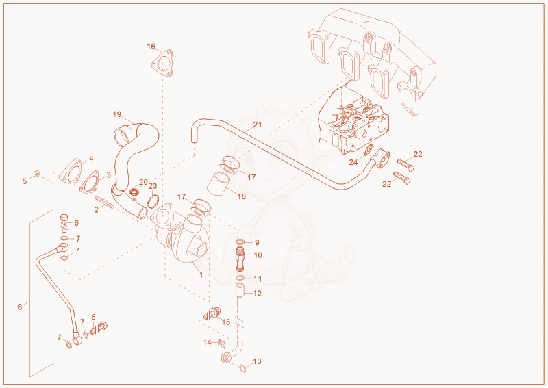 Despiece del turbocharger de una máquina Wacker Neuson 6001, con globos numerados