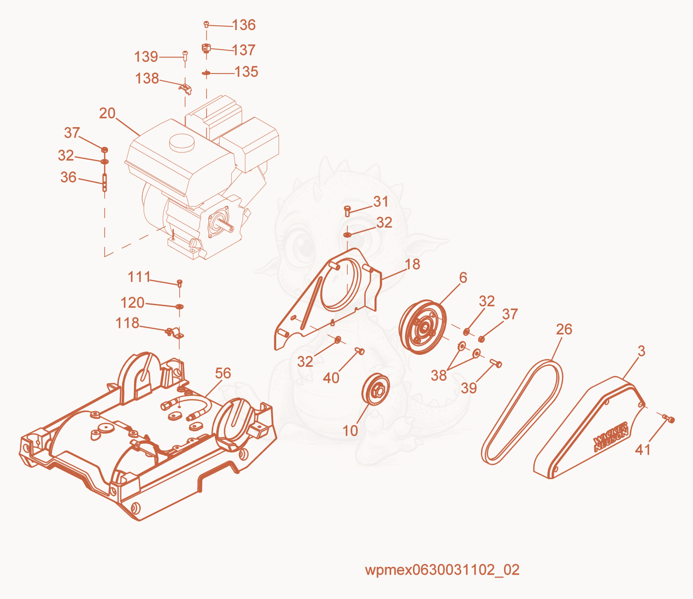 Exploded parts diagram of the Beltguard/Clutch of a Wacker Neuson WPP1540WW, with numbered balloons