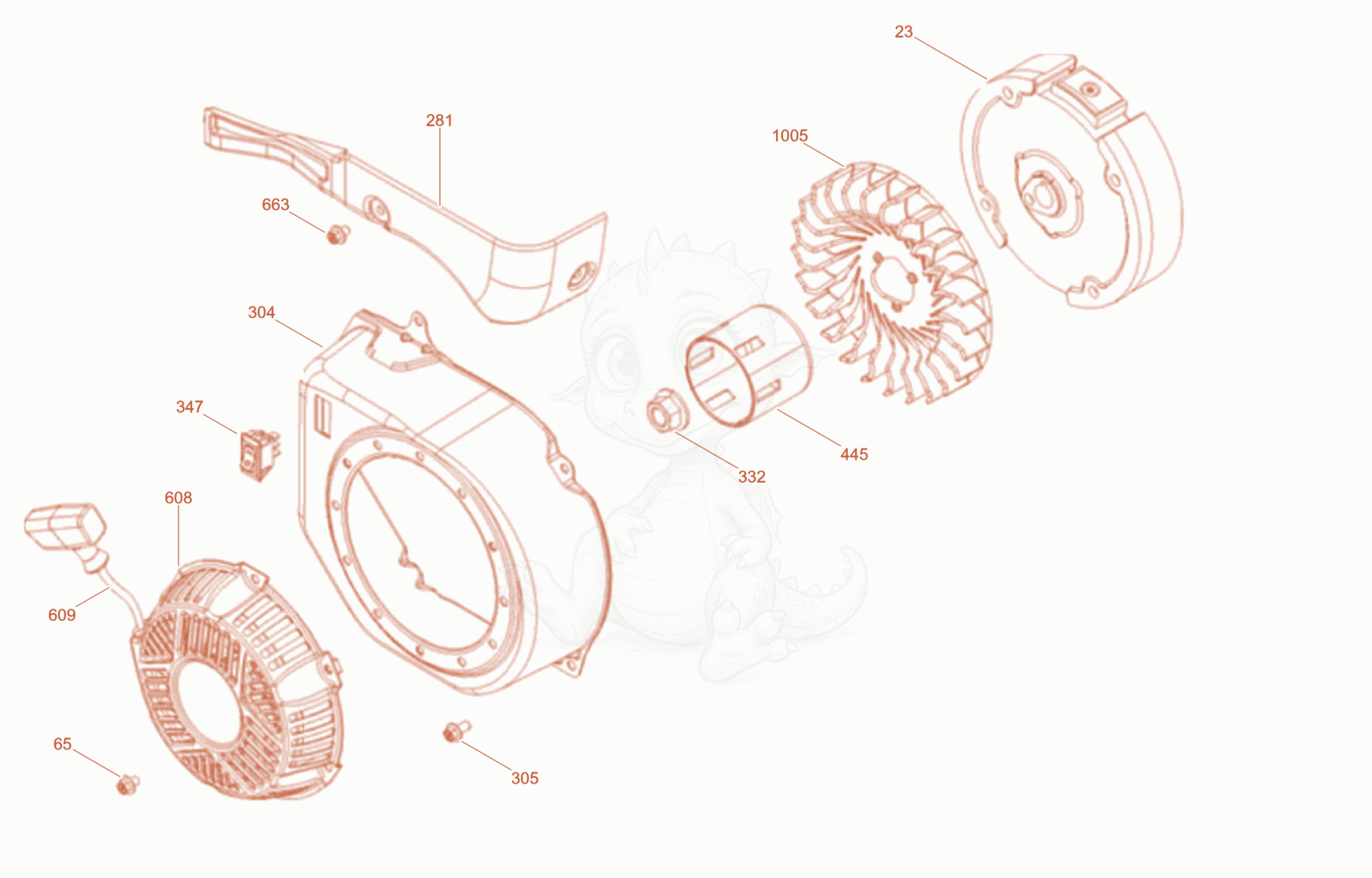 Exploded parts diagram of the Fly wheel - Recoil starter of a Wacker Neuson WPKMAT, with numbered balloons