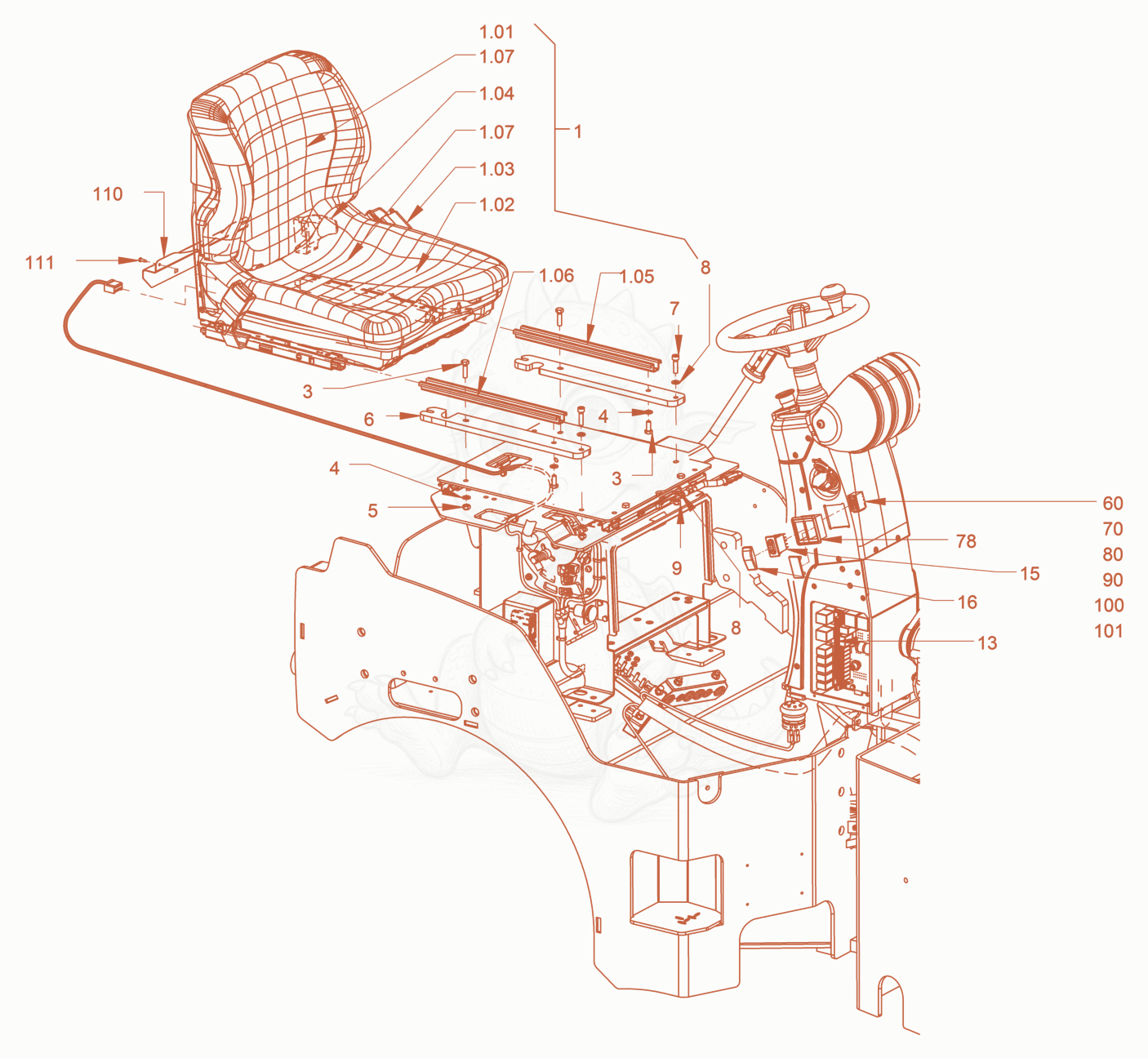 Exploded parts diagram of the operator's seat withseat heating of a Wacker Neuson RD24-100O, with numbered balloons