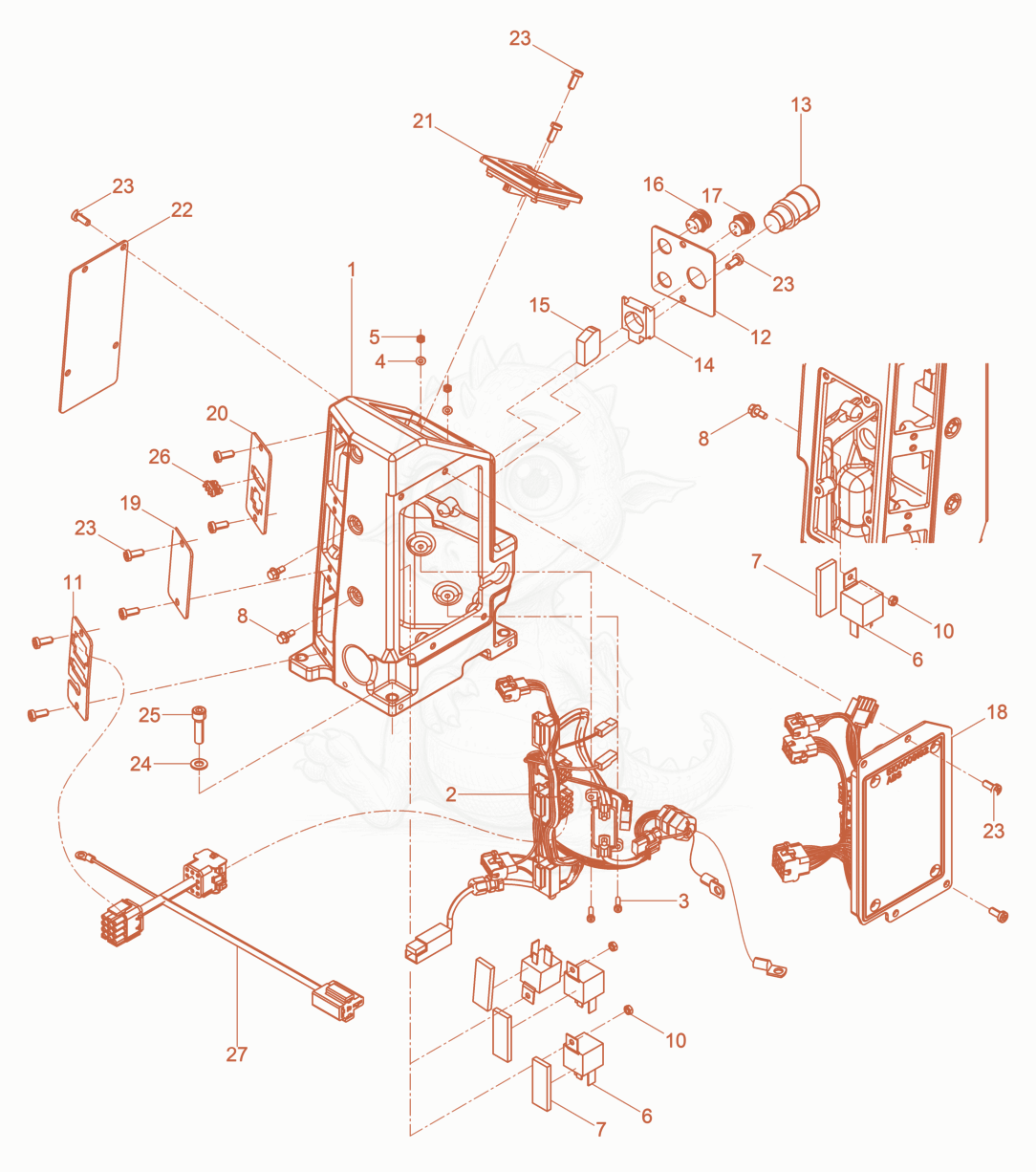 Exploded parts diagram of the Elektrobox kpl. DPU80/90/110 of a Wacker Neuson DPU80LEM770, with numbered balloons