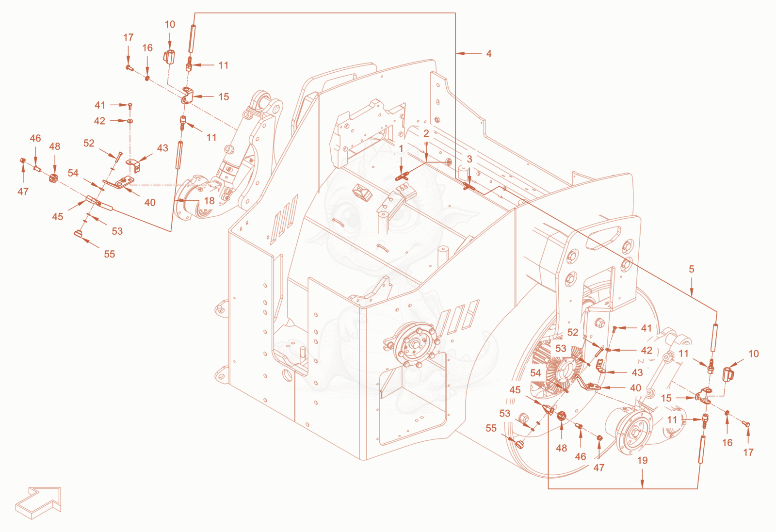 Exploded parts diagram of the edge pressing and cuttingdevice of a Wacker Neuson RD28-120CE, with numbered balloons