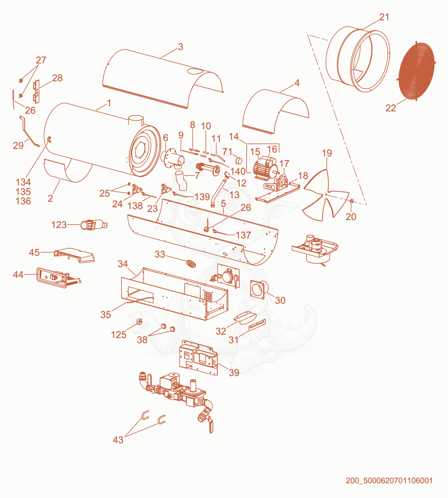 Despiece del Heater de una máquina Wacker Neuson HI400HDG, con globos numerados