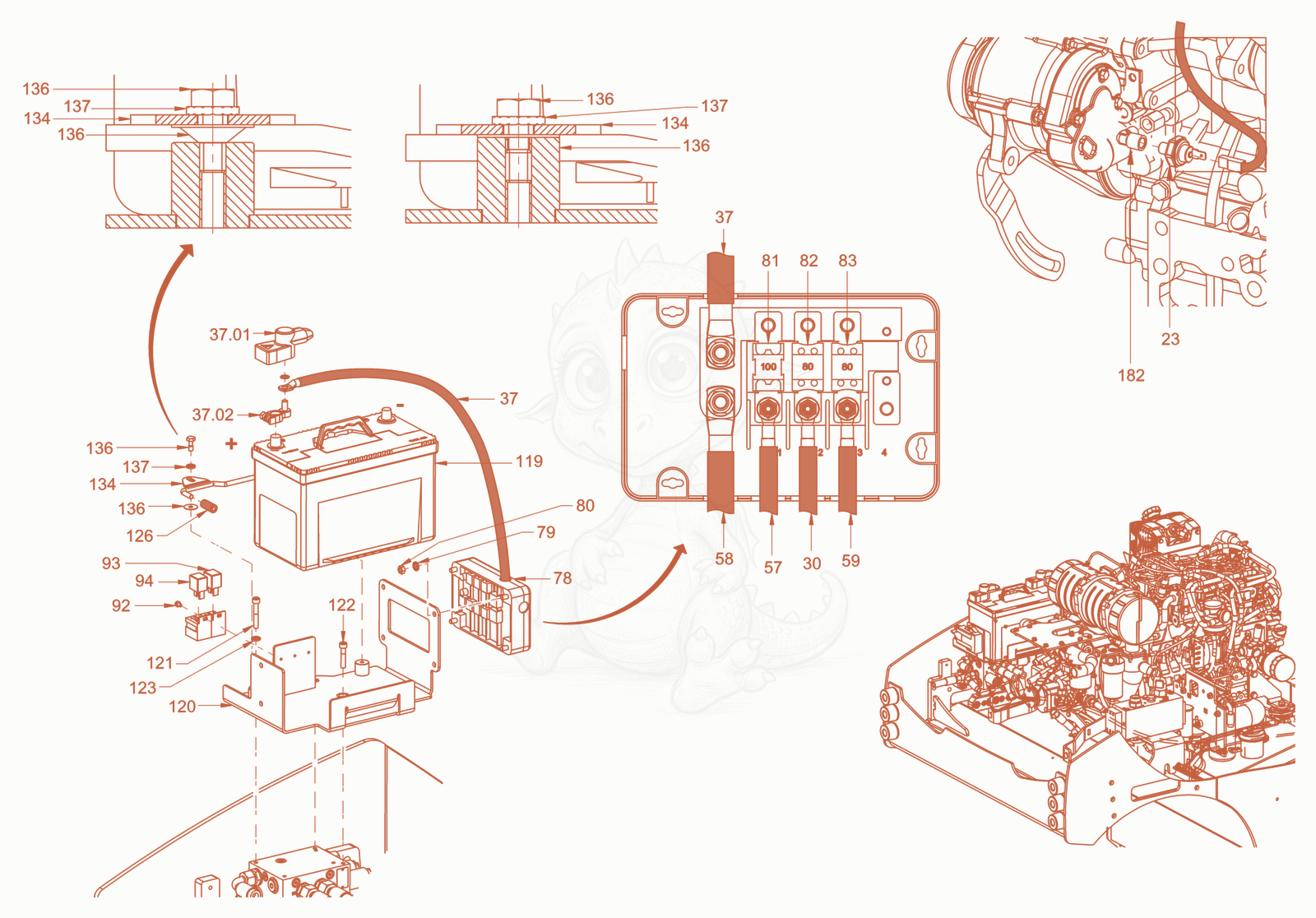 Exploded parts diagram of the electrical system of a Wacker Neuson RD40-130CDPF, with numbered balloons