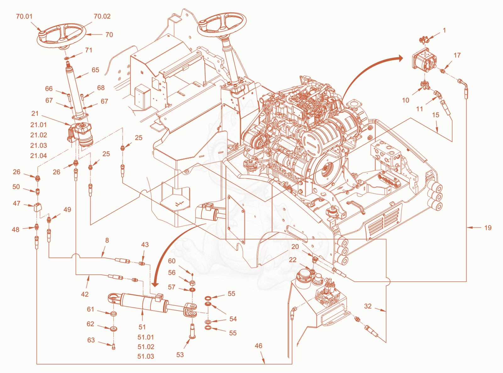 Exploded parts diagram of the steering of a Wacker Neuson RD28-120DPF, with numbered balloons