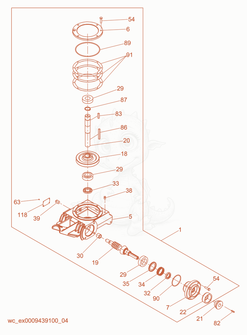 Exploded parts diagram of the Gearbox of a Wacker Neuson CT48-13A-V, with numbered balloons