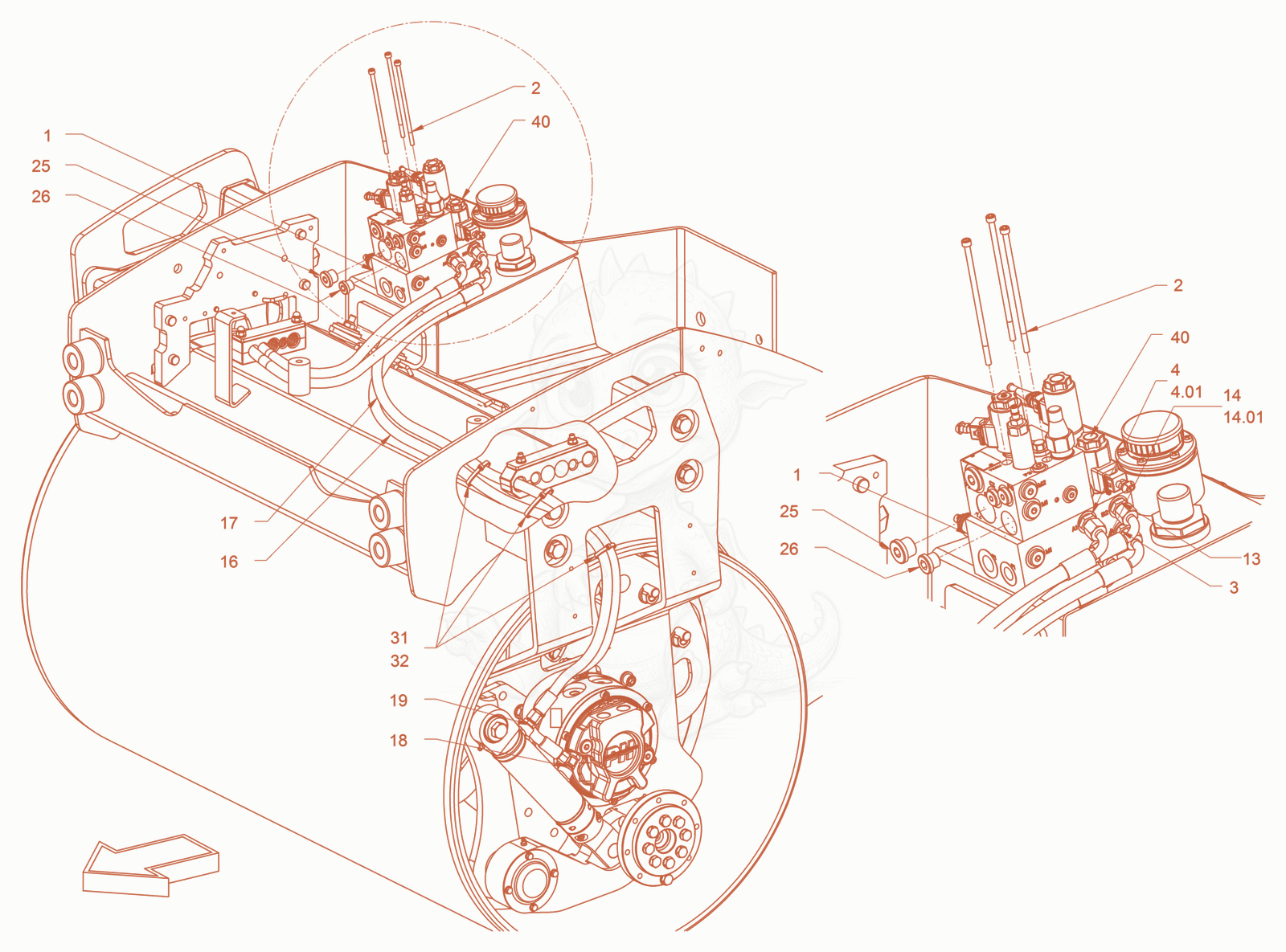 Exploded parts diagram of the hydraulic system (edge pressing and cutting device) of a Wacker Neuson RD24-100.3, with numbered balloons